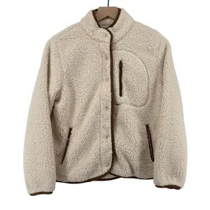 Universal Threads Sherpa Fleece Fur Jacket Cream Women XS Brown Trim Snap Front thumbnail 1