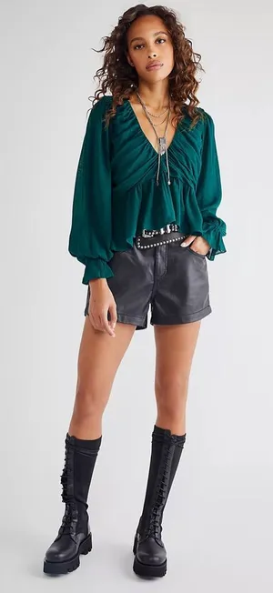 NWT Free People Teal Textured Peasant Daia Top Small thumbnail 1