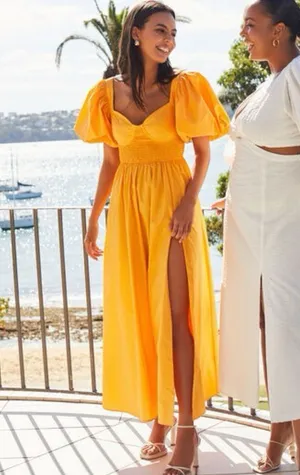 Showpo Raiza Shirred Waist Puff Sleeve Midi Dress in MARIGOLD 2 NWT thumbnail 4