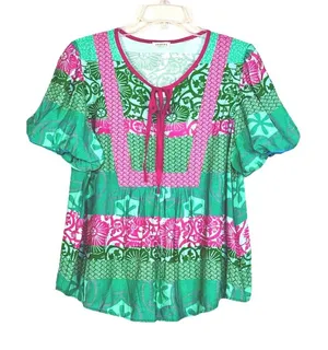 Jodifl Boho Flutter Sleeve Mixed Print Peplum Top Green Pink Medium coastal thumbnail 1
