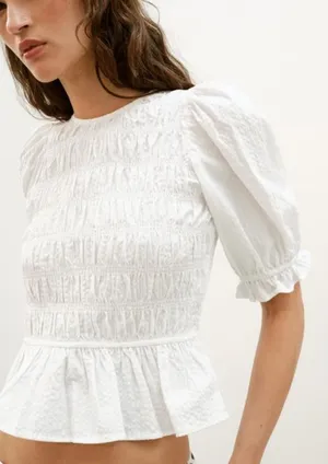 Zara Womens White Smocked Top Blouse Large 2298/062/250/L thumbnail 1