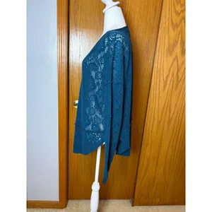 Free People Not Cold In This Jewel tone Blue Floral Lace Oversized Boho Top thumbnail 5