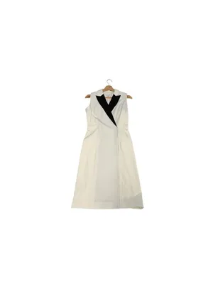 Calvin Klein Size 2 Tuxedo Wrap Dress Black White Belted Sleeveless Workwear thumbnail 5
