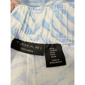 Tahari White Blue Linen Cropped Pant Pull On Wide Leg Flowy Breathable Medium thumbnail 4