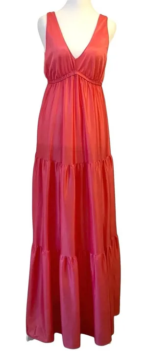 Vintage 70s Maxi Babydoll Slip Dress M Nylon Tiered Coral Nightgown Coquette thumbnail 1