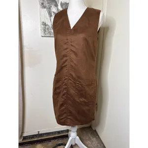 Vintage Mossimo Faux Suede Mini Shift Dress Brown V-Neck Pockets S/P Boho Earthy thumbnail 2
