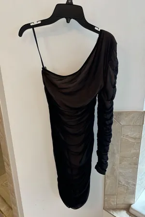 Boutique Black One-Shoulder Ruched Mesh Dress thumbnail 1