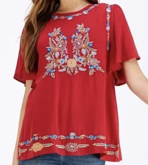 Entro Embroidered Floral Red Blouse •Large thumbnail 1