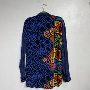 Platinum Blue Abstract Geometric Oversized Colorblock Button Down Blouse Sz M thumbnail 8