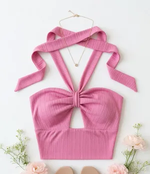 Le Lis Pink Ribbed Halter Tie-Front Crop Top thumbnail 1