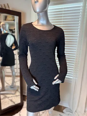 Free People Paulie Mini Dress Medium Black Textured Open Back Thumbhole Boho thumbnail 2