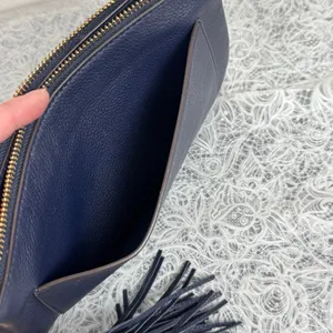 Tory Burch Thea Navy Pebbled Leather Tassel Clutch Bag Gold Hardware thumbnail 5
