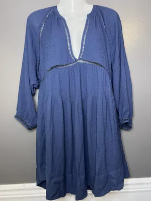 Free People Dress Womens Small Blue Deep V Empire Trapeze Swing Boho Mini thumbnail 2