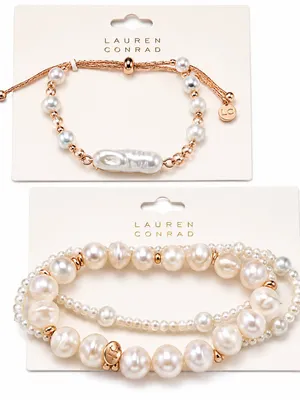 2 piece bundle lot LC Lauren Conrad Pearl Gold Layered Bracelet Set cute gift thumbnail 2