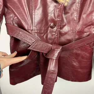 Vintage Leather Rabbitt Fur Trim Trench Tie Jacket Sz 5/6 Maroon Y2K Mob Wife thumbnail 12