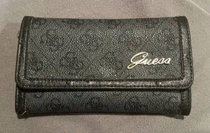 GUESS Trifold Wallet Black Charcoal Logo Pattern Canvas Snap Closure thumbnail 1