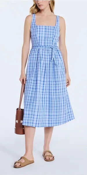 NWT Free Assembly Blue Plaid Square-Neck Midi Dress with Self-Tie Waist Size L thumbnail 1