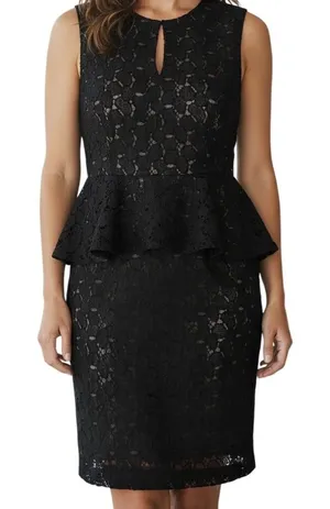DIANE VON FURSTENBERG Black & Tan Delian Crochet Pebble Lace Peplum‎ Dress EUC 6 thumbnail 1