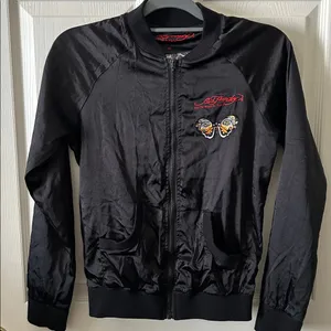 Ed Hardy Womens Bomber Jacket Black Zip Roar Embroidered Butterfly‎ Eyes Vintage thumbnail 16