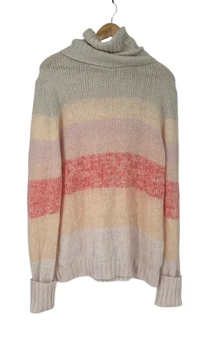 WILDFOX Striped Open Knit Turtleneck Peach Beige Sweater Size L Artsy‎ Beachy thumbnail 1