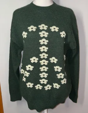 Witty Fox Green Peace Sign Floral Knit Sweater Young Contemporary Size‎ S thumbnail 1