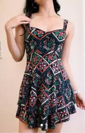 Free People Floral Mirror Image Stretch Fit Flare Dress Size L thumbnail 1