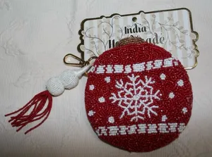 India Handmade Red Beaded Snowflake Coin Purse Christmas SNOWFLAKE Pouch 5" x 5" thumbnail 1