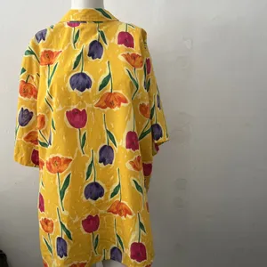 90s Floral Blouse Top XL Yellow Funky Art Teacher Button down Bloomcore Teacher thumbnail 4