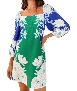 NWT Farm Rio Soft Garden Linen-Blend Floral‎ Mini Dress Blue Green White XXS thumbnail 1