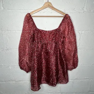 Altar'd State Women's Balloon Sheer Sleeves Floral Janey‎ Dress Burgundy Medium thumbnail 2