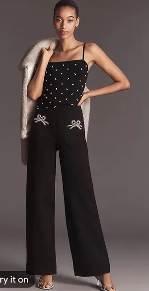 Maeve Colette Embroidered High-Rise Wide-Leg Full-Length Pants 29P thumbnail 1