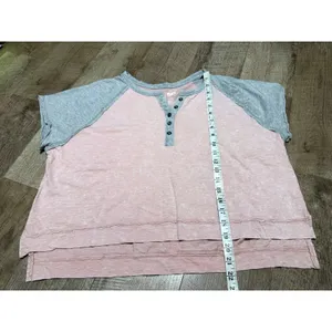 SO Women's Pink Acid Wash Raglan Henley Short Sleeve Top‎ XL Heather Gray Trim thumbnail 8