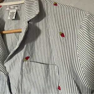 Blue and White Striped Button-Up Pajama Shirt with‎ Strawberries size Large thumbnail 2