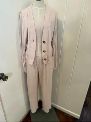 Open Edit Soft Cream Women's Pajama 3 Piece Set with Button Cardigan Sz S thumbnail 2