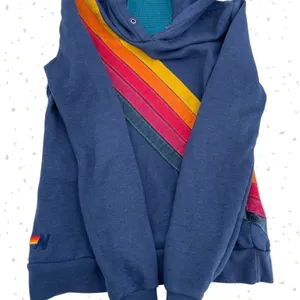 Aviator Nation 5 Stripe Pullover Hoodie Navy Blue Retro Rainbow Pockets Size XS thumbnail 3