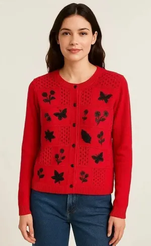 Teddi size XL beaded crocheted button front cardigan. Red thumbnail 1
