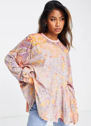 Free People Orange Pink Paisley Oversized Loungewear Long Sleeve Shirt Medium thumbnail 1