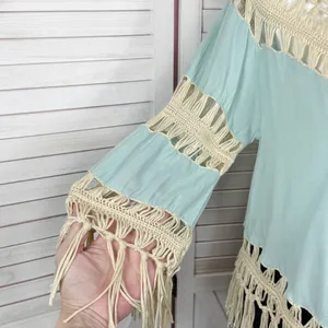 UMGEE Boho Peasant Crochet Fringe Hem Triangle Top‎ Teal Green Tan Large Hippie thumbnail 7