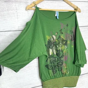 Vintage Y2K Green Butterfly Print Gold Chain Cold Shoulder Top Size Small thumbnail 2