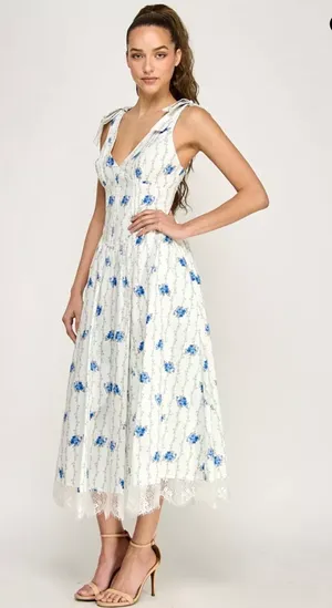 Tie- Shoulder Floral Printed V-Neck Midi Dress thumbnail 1