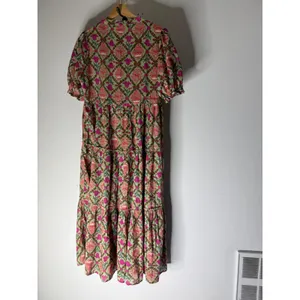Anayna Floral Block Print Tiered Midi Dress Green Pink Cotton XL Boho V-Neck thumbnail 2