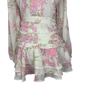 Showpo White Pink Floral Long Sleeve Mini Dress Ruched Waist Coquette Size 6‎ thumbnail 3