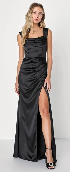 Lulus Stunning Arrival Black Satin Off-The-Shoulder Maxi Dress Holiday Party 1X thumbnail 1