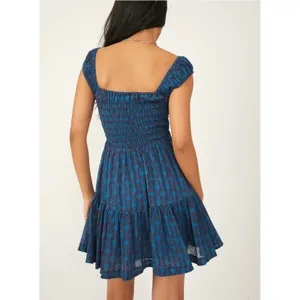 Free People Sweet Annie Mini Dress Blue Print Smocked Tiered Square Neck Womens thumbnail 2