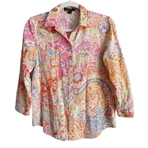 Lauren Ralph Lauren Colorful Paisley Shirt 3/4 Sleeve Preppy Coastal Size M thumbnail 1
