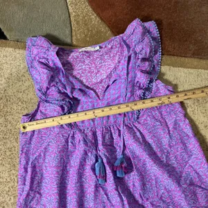 Vineyard Vines Boho Ruffle Tassel Top Women M Purple Blue Geometric Pom Pom Trim thumbnail 3