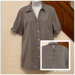 Anne Klein Button Down Shirt Womens Black Gingham Lace Up‎ Back Size M thumbnail 2