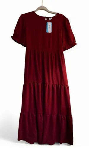 NEW Red Wine Tiered Ruffle Puff Sleeve Midi Dress M thumbnail 1