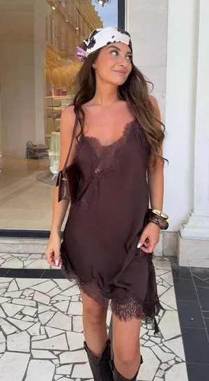 Zara Elegant Brown Lace Slip Lingerie Dress blogger favorite satin mini thumbnail 1
