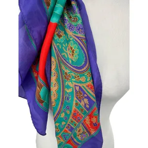 Vintage 80s 90s Womens Scarf Korea Red Purple Floral Paisley Silky Satin Jewel thumbnail 4